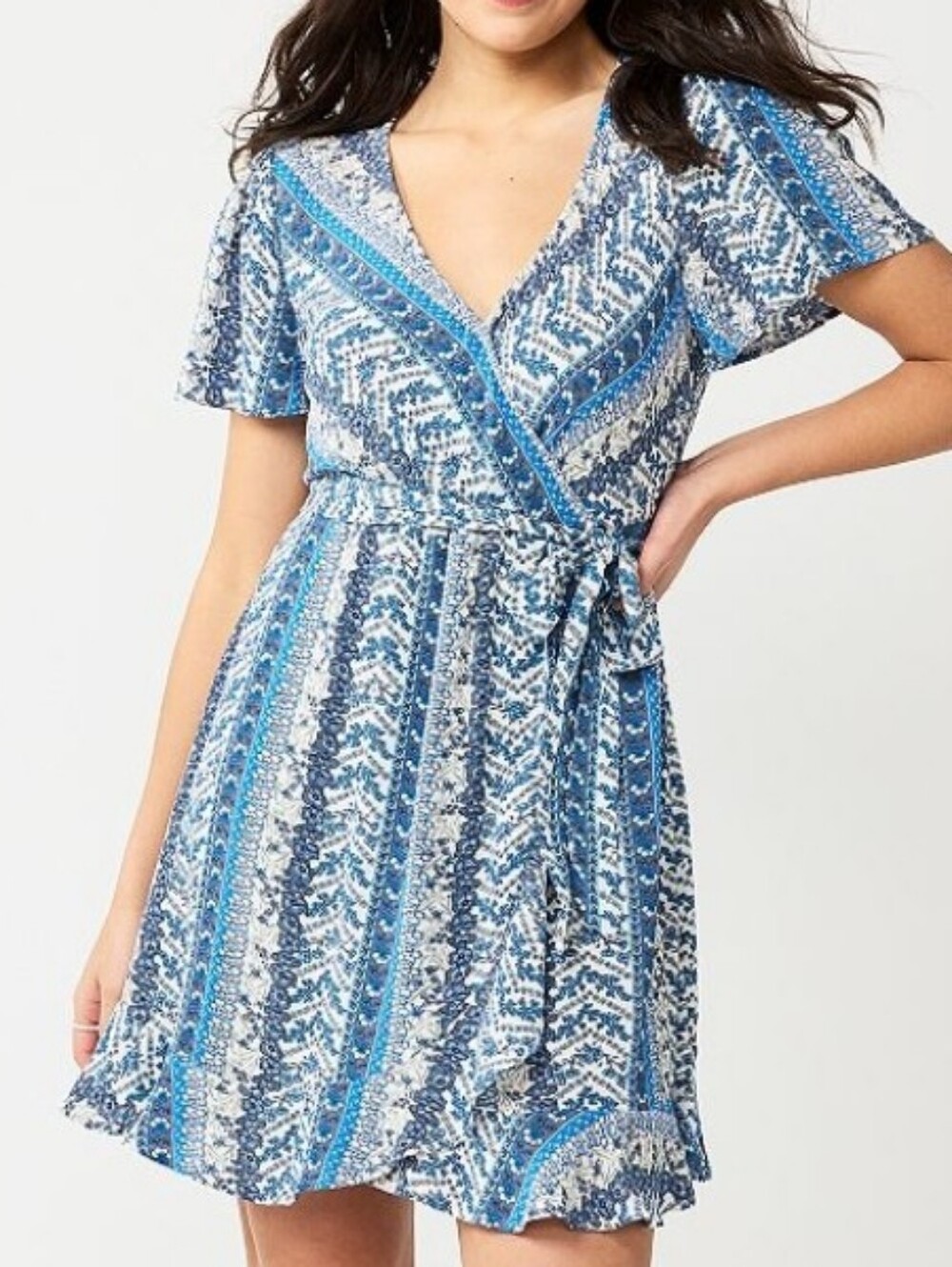 Nwt Sonoma Blue Floral Belted Faux Wrap Dress